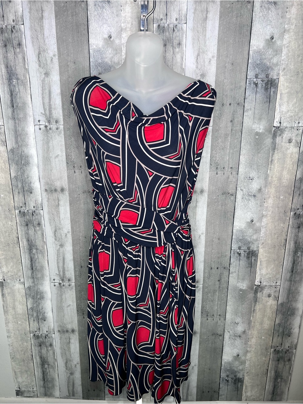 MOSCHINO Vintage Red Black Geo Dress Sleeveless Cowl Neck Size 12
